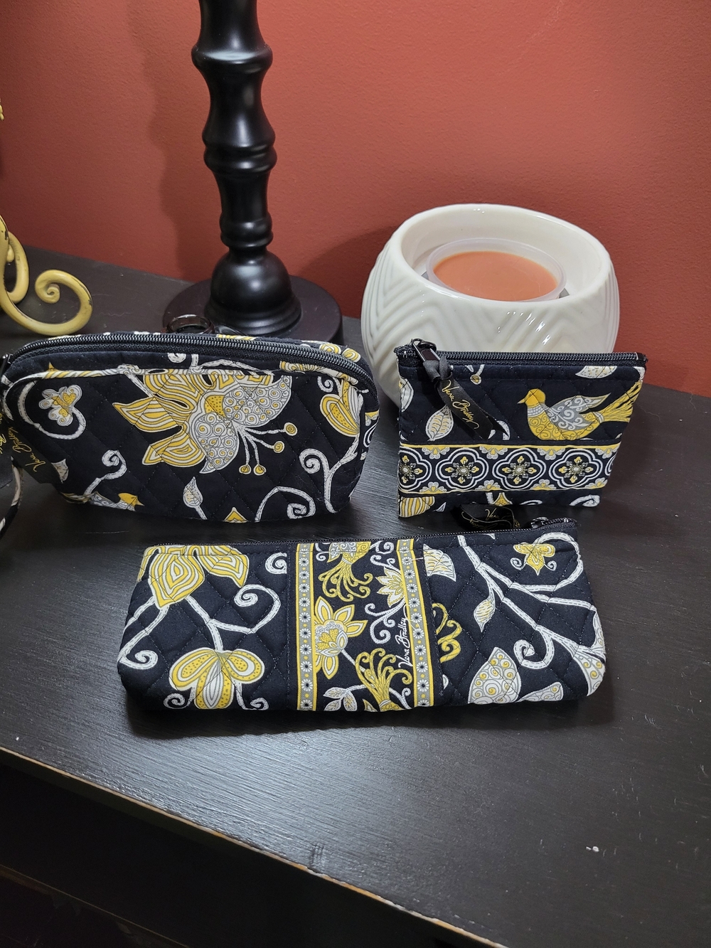 Vera Bradley Yellow Bird cosmetic, Wristlet, and Brush and pencil case trio